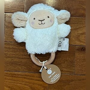 O.B Designs Lee Lamb Plush Rattle Neutral Wooden Teether Baby Toy NWT